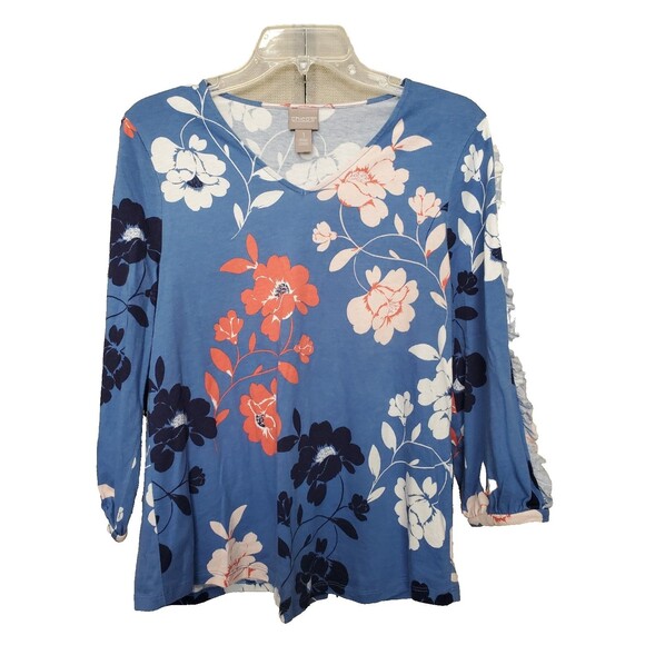 Chico's Cotton/Modal Floral Troupe Puff-Sleeve V-Neck T-Shirt Ruffle Size 1 Med - Picture 1 of 7
